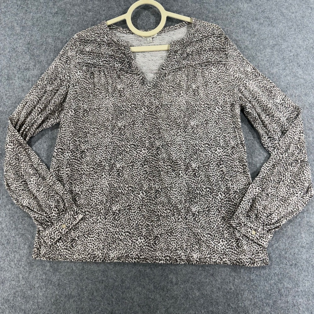 Lucky Brand Womens Grey Leopard Print V-Neck Long Sleeve Blouse Top Medium